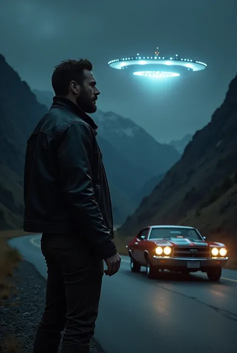 dark, night, mountain, road, ufo, rockn roll, carro Chevelle, hairy man, side pose, fine features and bearded, black leather jacket and dark brown boots 