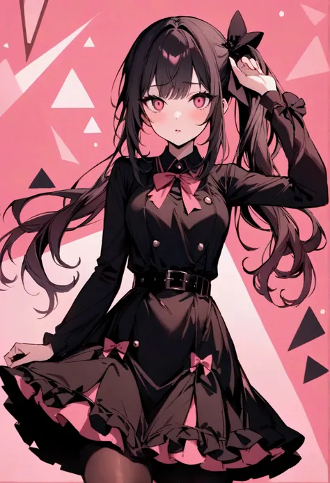 (masterpiece), best quality, expressive eyes, perfect face, akiyama_m, long hair, looking at viewer, shirt, long sleeves, dress, bow, ribbon, hair bow, pantyhose, sidelocks, cowboy shot, frills, parted lips, belt, hand up, bowtie, black dress, arm up, side...