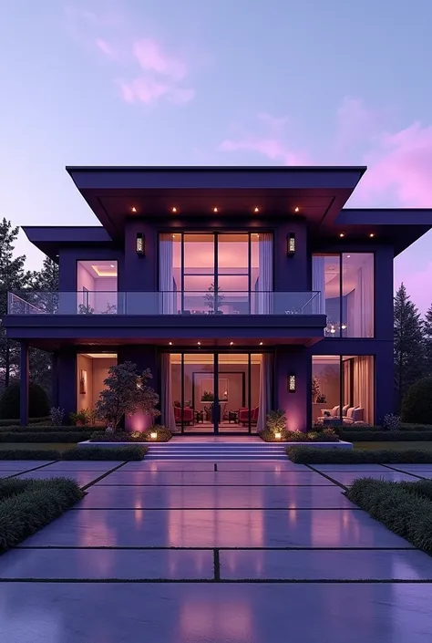 Purple House design front elevation view modern luxury realstic cinematic big house 