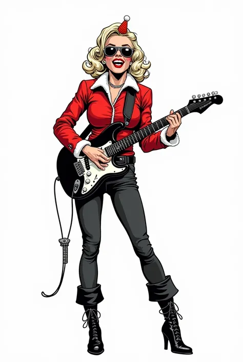 (vector illustration, vector style, style of Neal Adams:1.4)), (black and white and red),(black inking, flat colours:1.5), mad psychobilly Marilyn Monroe dressed as female Santa Claus, full lenght, mad smile, holding a guitar, badass pose, (dressed in red ...