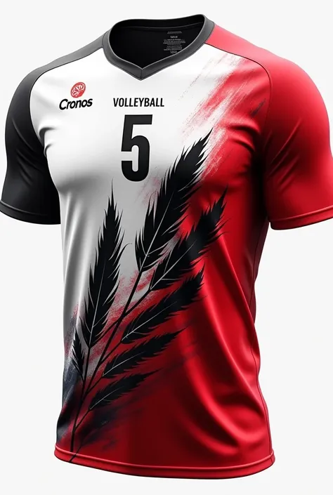 Men&#39;s volleyball shirt with a gradient from top to bottom from white to red with a print of many black feathers of different sizes with the medium-sized number 5 in the middle with the name Cronos written on the left chest and the word volleyball writt...