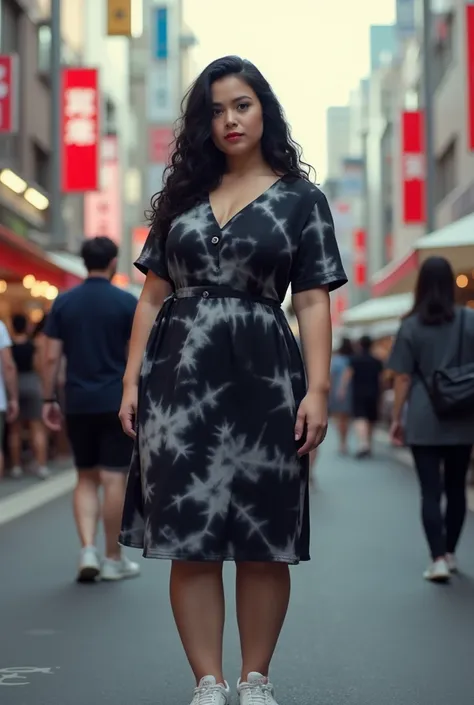 high Quality, 8k ultra hd, a curvy woman, black haired looking at the camera, wearing a deep black tie-dye dress,wearing newbalance white shoes standing in the crowd (crowd) afternoon ,set in tokyo japan bokeh effect 