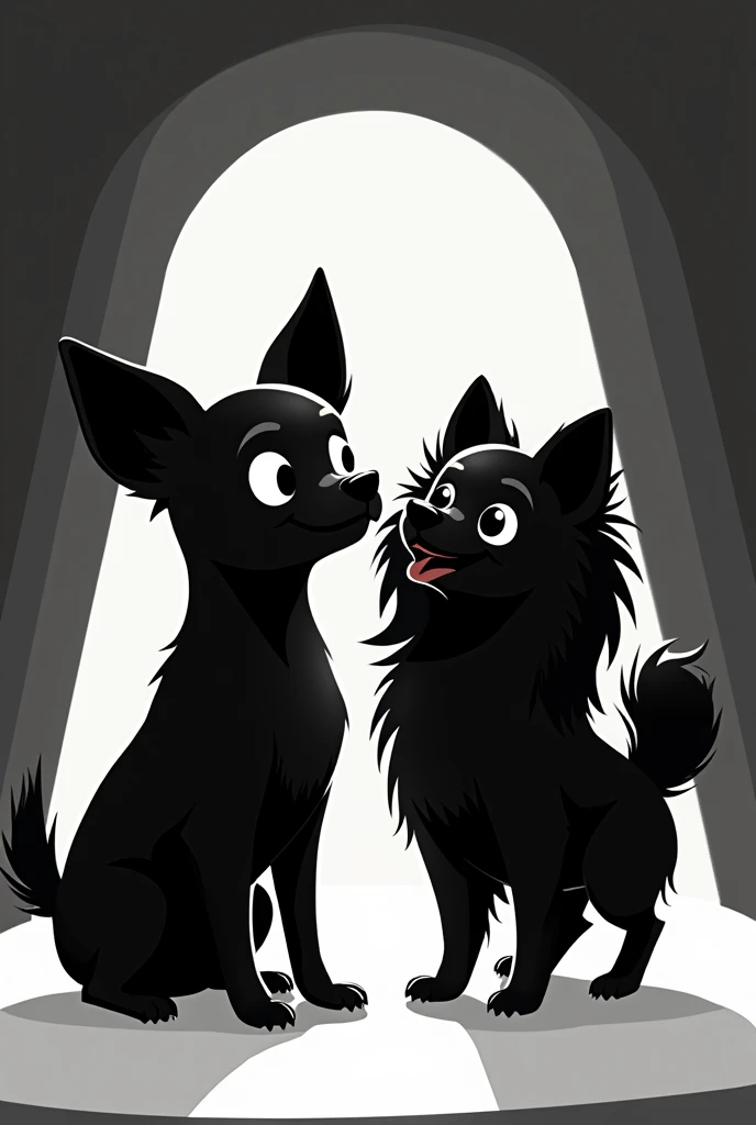 Make me a drawing of a Chihuahua and Pomerian breed dog. I need it to be completely black, to be animated, to be delivered within a design. If it can be vectorized, all the better., I need it to be drawn