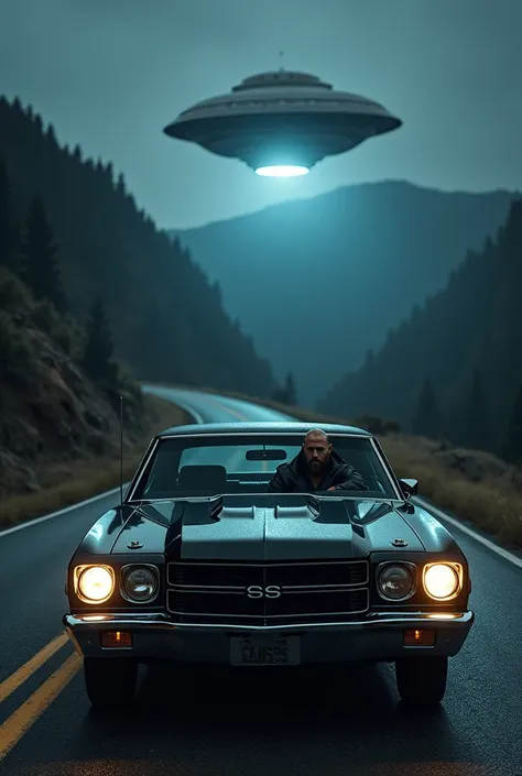 dark, night, mountain,road, ufo, rockn roll, carro Chevelle, hairy man, fine features and bearded, black leather jacket and dark brown boots 