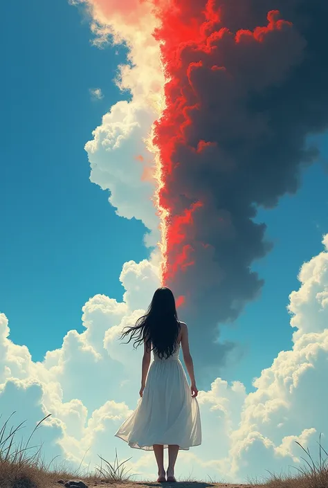  A beautiful comic-type woman with long black hair, back facing the sky, a white dress, a clear blue fragmented sky, that splits in two and falls to pieces, with many white clouds on one side, and on the other side a red sky in flames, with black clouds.