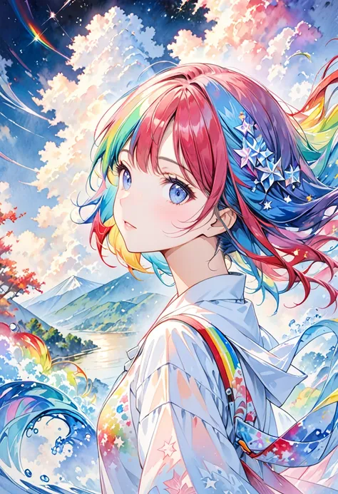 (masterpiece, top quality, best quality,watercolor (medium),official art, beautiful and aesthetic:1.2),(1girl:1.3), (fractal art:1.3),upper body, from side, looking at viewer,patterns,(rainbow color Hair,colorful hair,half blue and half pink hair:1.2),wate...