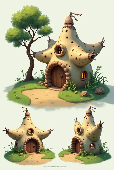 I would like 4 images of a house made with star-shaped containers with a dome in the middle as a roof with a tree, The containers will be joined by sand and lined with grass.