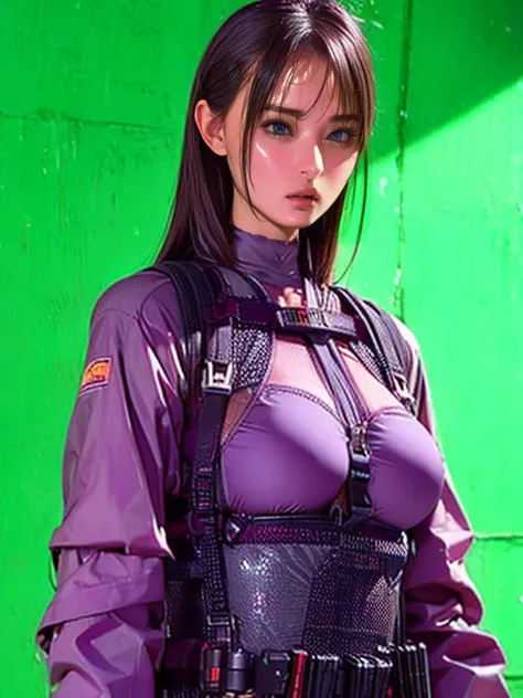 Best image quality、Amazing details、Ultra-high resolution、（realism：1.4）、（（Close：0.75））、One woman is very condensed、Beautiful and delicate face、Perfect proportions、Narrow your target audience、Large Breasts）、Brown Hair、（Violet tech suit）、（A cyborg compared to...