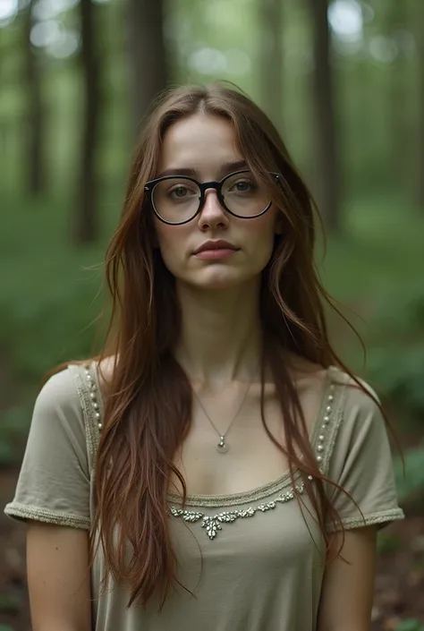 Half-length portrait of an 1 brown-haired woman., Fairytale-inspired forest photoshoot, Random color wet t-shirt, glasses, Shot with Kodadk Gold 400 film.