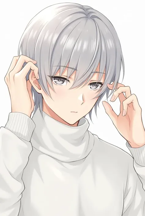 young man, shoulder-length hair, straight hair, dull light silver hair, white turtleneck sweater, slanted eyes, gray eyes, touching his head with both hands, arranging his hair, front view, composition shown from the waist up , fresh, handsome, high qualit...