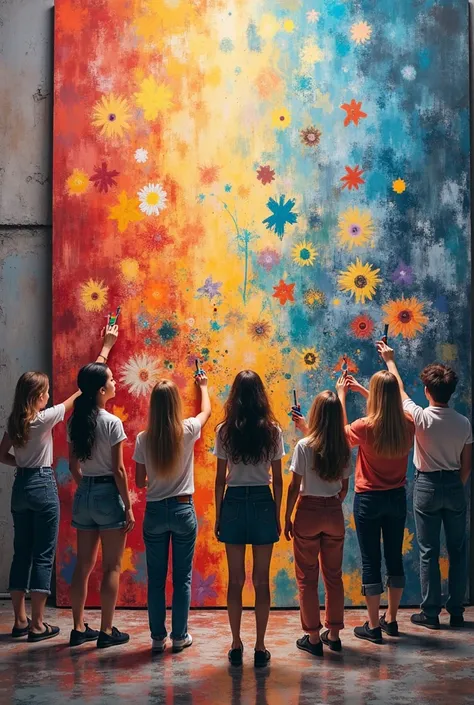 College students huddled together to paint a canvas of a picture and they paint a small part of it and go.Multiple students come paint and go