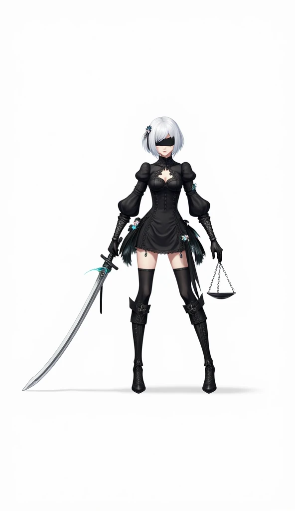 Character: 2B from Nier Automata as Lady of Justice. Hair: Short white bob-cut, covered partially by a black blindfold. Scales: Metallic, futuristic, glowing faintly, held in one hand. Sword: Japanese katana sword with perfect symmetry, glowing circuits al...