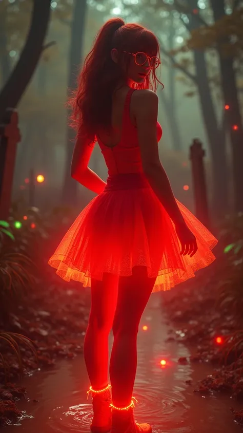 there is a Velma in a red miniskirt posing for a picture, with a red skirt, thighhighs and skirt, light red and orange mood, Velma, playful and cheerful, all red, orange extremely coherent, red and orange glow, lit from behind, backview, in a glowing skirt...