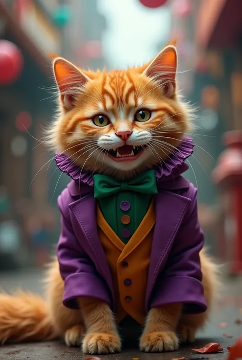 A orange realistic floppy cat wearing joker costume