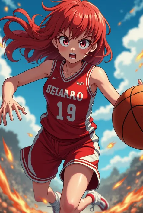 Create me a My hero academia style image,to a red-haired girl, His eyes are reddish paid, with a serious and selfish expression, She is thin, He is wearing a basketball uniform  ,long hair very well combed.shooting a basket.