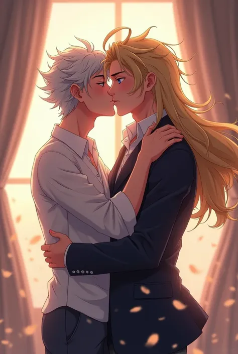 Anime of a boy of 20 years old with white hair and blue eyes kissing a man, blonde, tall,  boys love, yaoi