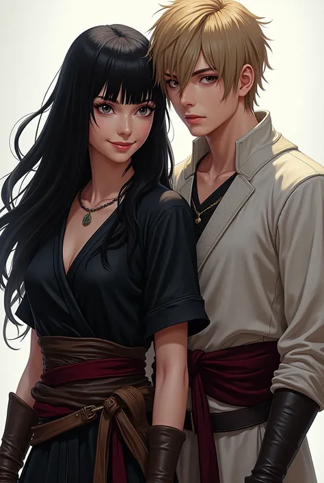 Transparent background. A young man and a young woman are facing me. The young woman is beautiful and hot, wears a black tunic with a black belt, she has scary eyes, black hair with beautiful bangs, she smiles looking forward, she leans on her friend. The ...