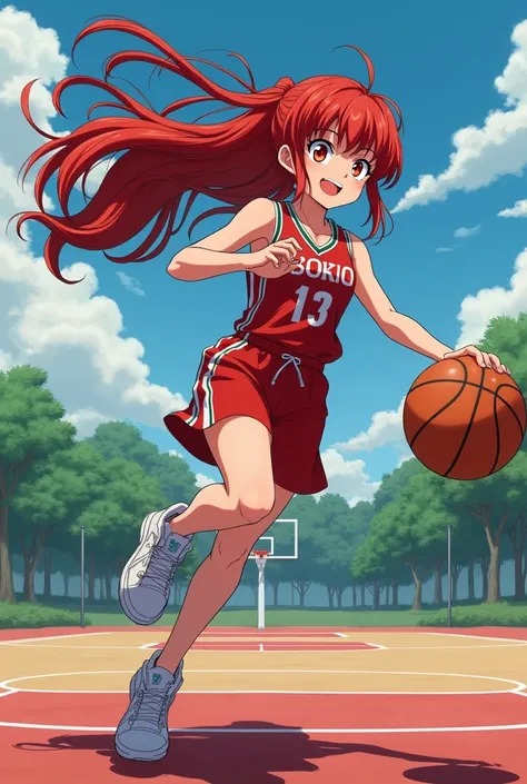 Create me a My hero academia style image,to a red-haired girl, His eyes are reddish paid, with a serious and selfish expression, She is thin, He is wearing a basketball uniform  ,long hair very well combed.standing in the background of a landscape on a bas...