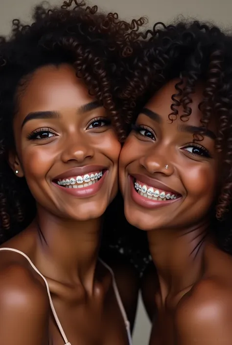 2 brunette woman with curly hair and very dark skin up to her neck smiling with braces without a single image not two 