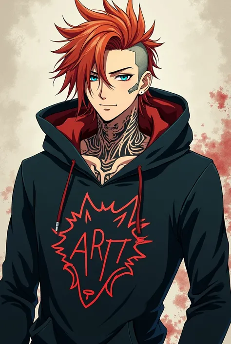 Anime of an oriental guy , 1,80metros, long copper colored hair and shaved side of head, cyan eyes, confident expression, with tribal wolf tattoo on neck, wearing a black blouse, long sleeved and hooded, with the acronym ART in a wolf shape in yellow