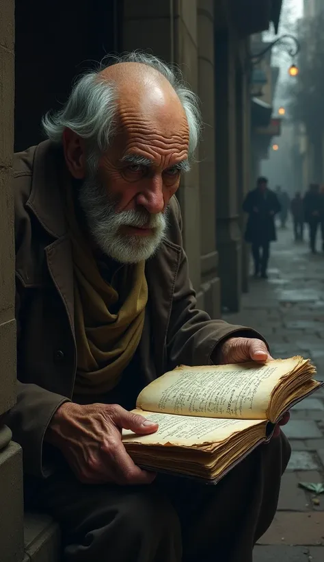 The beggar opens his journal, shows page with text.