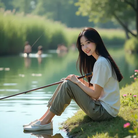 A beautiful Korean woman with smooth white skin, a perfectly groomed face, long black hair flowing freely. ,wearing a white t-shirt, knee-length cargo pants with lots of pockets, curious white shoes sitting on the edge of a calm pond, carefully holding a s...