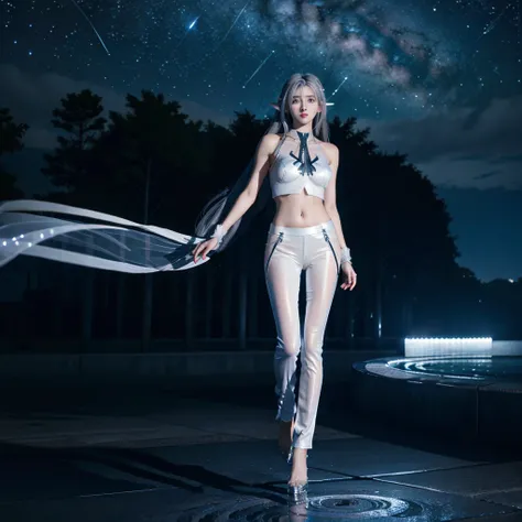 masterpiece, Beautiful Goddess of the Void, Full body white transparent clothing standing under the stars at night in the sky, Disappearing Transparent Pants, Full body position, Tall Person, Thin legs, Facial details, Body parts details, 8K wallpaper, Dar...