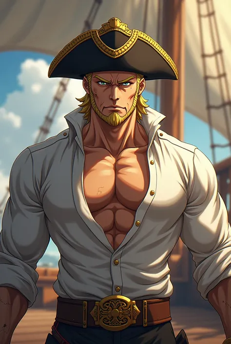 An anime character with golden hair and a strong body, he wears white clothes with some golden details and a pirate ship captain&#39;s cap on a golden beard, add some scars too.
