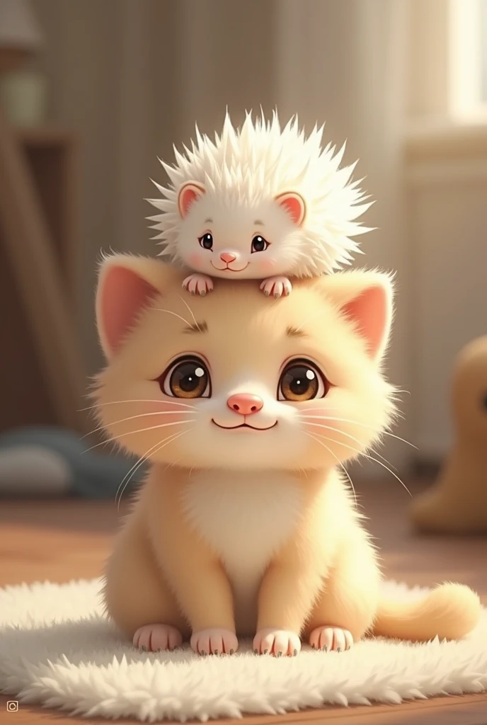 A cute baby cat with a cute albino hedgehog on its head
