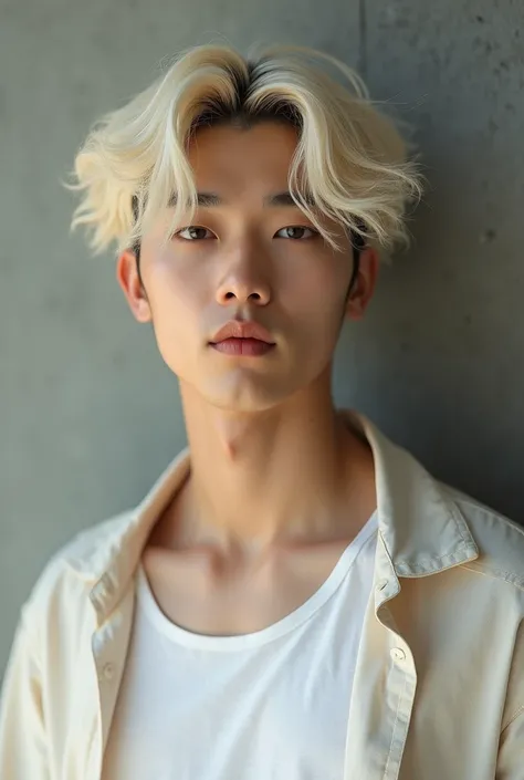 (photorealism:1.2), handsome 2  korean man, btsjimin, shite open shirt, warm, bright lighting, portrait, gray wall, bleached hair, long wave perm hairstyle, face and hair close up, white t-shirt