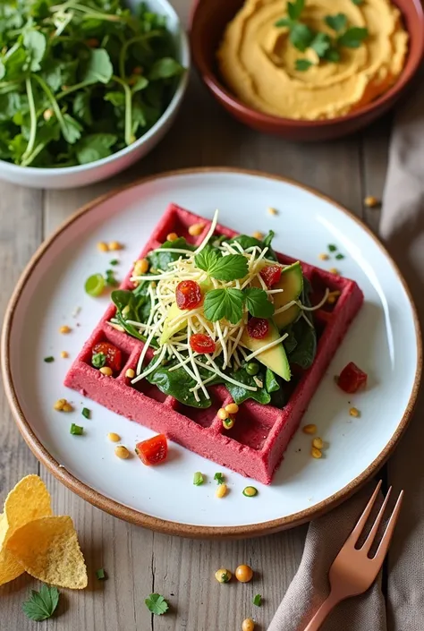 Create a photo about the following food dish, It should be colorful and the food is vegan Salt Waffle Green or yuca dough with avocado, dried tomatoes, julienned spinach, pepper sauce, roasted seeds, fresh sprouts, chopped cilantro and a touch of lemon.

	...