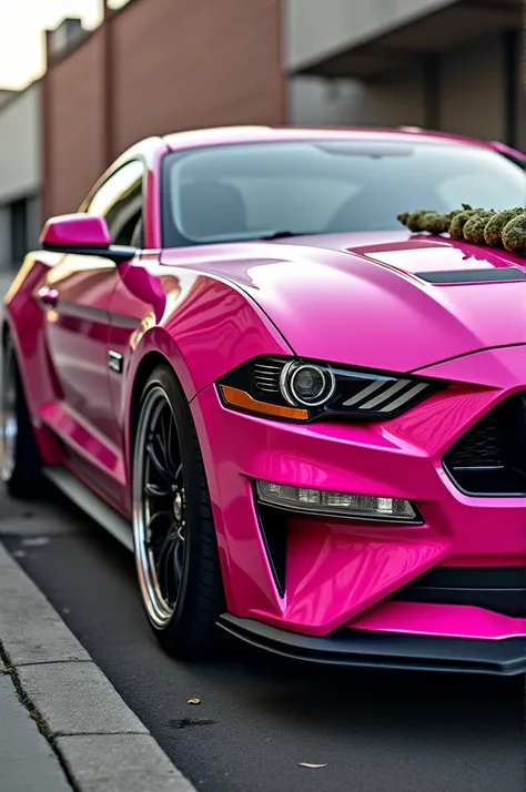 A pink mustang with weed joints on its exhaust