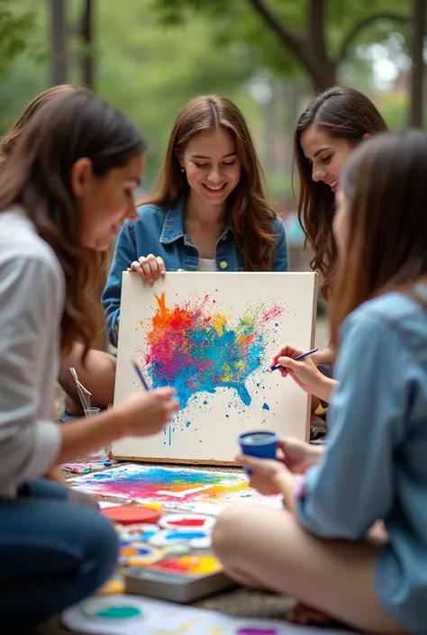 College students huddled together to paint a small canvas of a brand logo which is initially blank with outlines and they paint a small part of it and go.Multiple students come paint and go. Take a random logo of a brand. Divide the logo into small parts a...