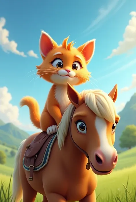 A orange realistic floppy cat riding horse