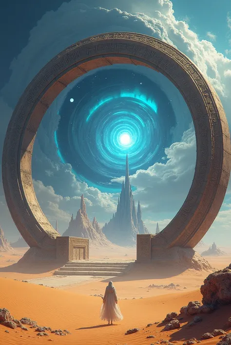 A colossal, ancient ring-shaped gate, the Gateway to Infinity, standing as a stark contrast in the midst of an endless desert horizon. The sand dunes stretch out in a sea of gold, rippling with the whispers of a gentle breeze. The metal structure of the ga...