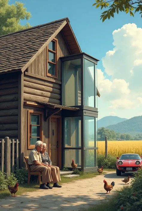 Photograph of an old one-story wooden house with a glass elevator on the side. The atmosphere is decorated with 2 sports cars parked, 2 Big Likes, an old man and an old woman sitting outside the house looking at chickens, birds and ducks. Behind the house,...