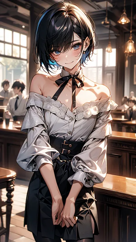 Best Quality, 1boy,Androgynous male,(Flat Chest:1.3),Black Hair,Short Bob Cut,(Off-the-shoulder blouse),sleeve,Ribbon on the sleeve,Ribbon at neck,(チェック柄のskirt),skirt,Ribbon on waist,Vertical striped tights,Smiling Kindly,smile,Portraits, Inside a quiet ca...