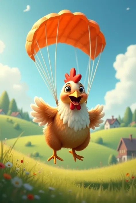 Chicken jumping with orange parachute