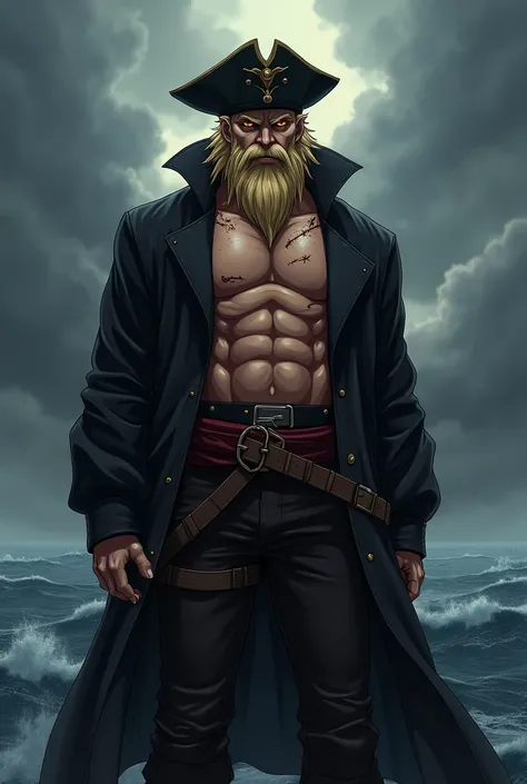 a tall and strong man, with stylized features and dark details typical of anime. Your golden hair is messy, and his beard of the same color is well defined. Visible scars crisscross his muscular body, highlighting their experiences and battles. He wears a ...