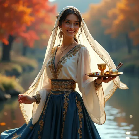 A Persian girl stands in a dynamic pose, slightly tilted by the river against the background of autumn trees, she is wearing a suit of wide dark blue silk trousers with gold embroidery and a transparent white blouse with a cutout on the chest, a beautiful ...