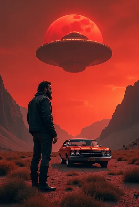 Red sky, night, mountain, ufo, rockn roll, carro Chevelle, hairy man from behind, fine features and bearded, black leather jacket and dark brown boots 