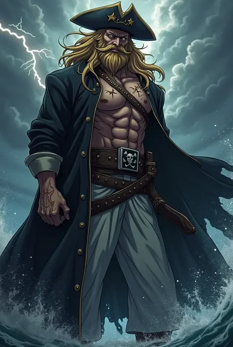 a tall and strong man, with stylized and dark features typical of anime. Your golden hair is messy, and his beard of the same color is well defined, complementing its robust appearance. Visible scars crisscross his muscular body, each telling a story of ba...