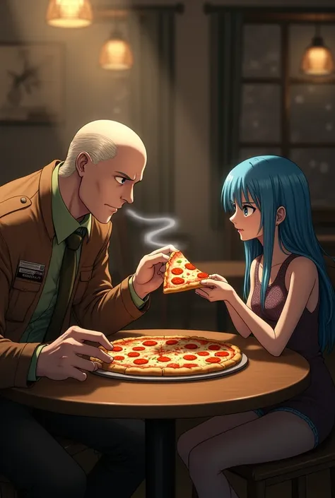 Erwin Smith eating pizza with a blue-haired girl, estilo shingeki no kyojin 