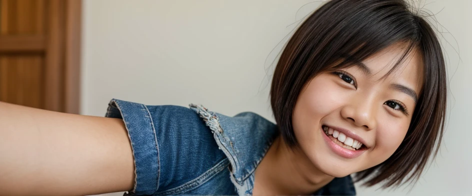 1 Asian girl smiling and encouragingly, short messy hair, wearing a crop top and ripped jeans, high resolution., Brown hair, Stick out your tongue, 