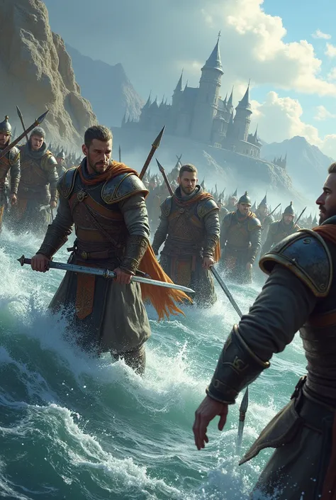 The same context as the previous image but one of the warriors sinks into the water. The other warriors conquer kingdoms. 