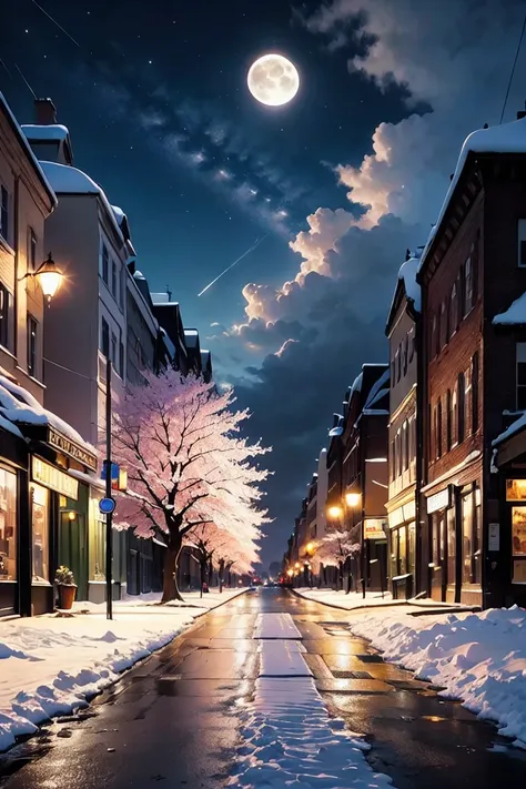 Best Quality, masterpiece, Ultra-high resolution, (realism: 1.4), Oil painting style, Cinema Lighting,Main Street，night，Street trees across the road，Cherry Tree，Cherry Blossom Snowstorm，Milky Way、star々，cloud，full moon