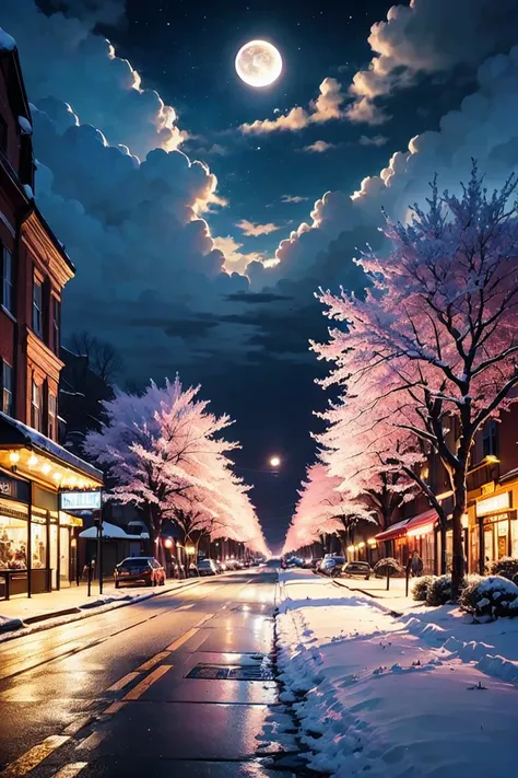 Best Quality, masterpiece, Ultra-high resolution, (realism: 1.4), Oil painting style, Cinema Lighting,Main Street，night，Street trees across the road，Cherry Tree，Cherry Blossom Snowstorm，Milky Way、star々，cloud，full moon