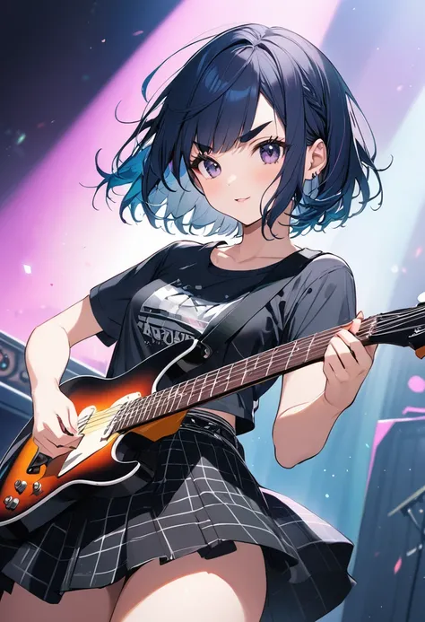 (masterpiece, best quality),subtle colors,A girl is playing the guitar. grunge rock band, enthusiastic performance,colorful stage lighting,On a futuristic concert stage.BREAK (16yo,cute,(darkblue hair, wavy-short hair),middle thick eyebrows,middle small br...