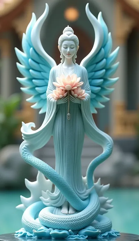 Kinaree image with the lower body of a snake, angel wings, a woman standing on a decorated pedestal./Formed with light blue waves, white ripples, she holds a bouquet of three lotus flowers. She has a gentle and relaxed smile on her face and her eyes are cl...