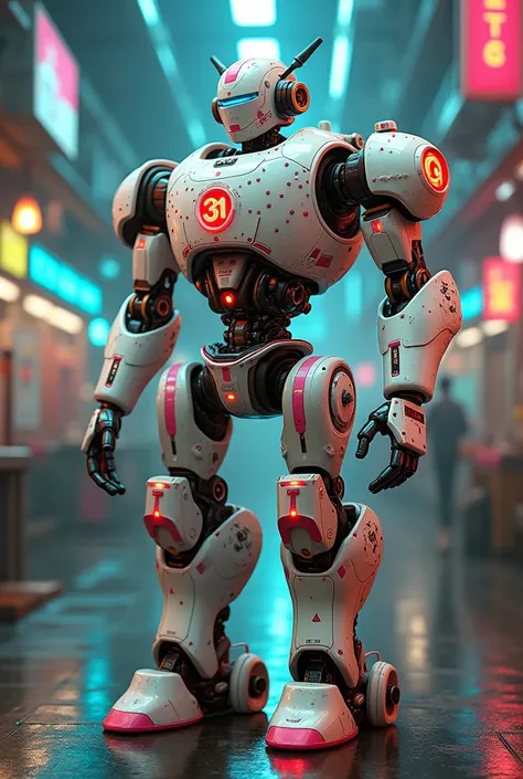 a 31 Icecream Type 2 robot with arms and legs, cool retro high resolution, cinematic science fiction, transforming robot, detailed mechanical parts, glowing neon lights, futuristic background, intricate gears and machinery, industrial setting, dramatic lig...